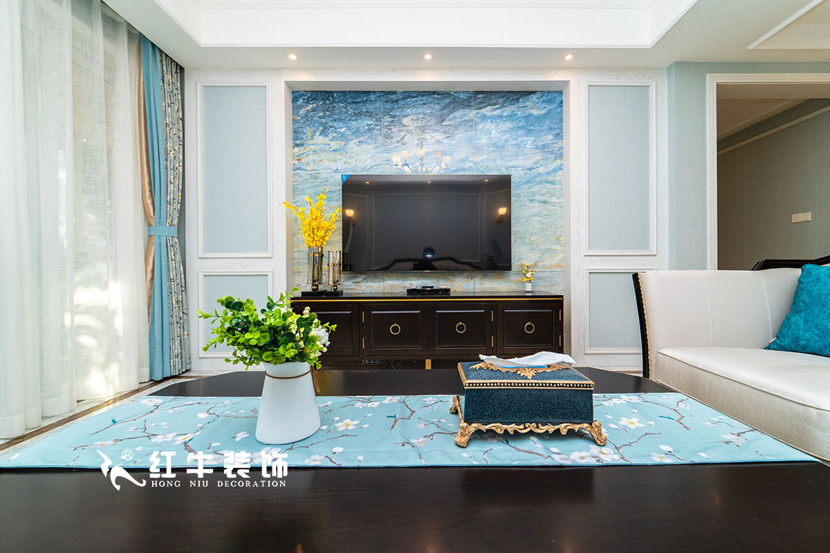 【实景案例】陶阳_月牙湖花园-145㎡-简美轻奢风格_3室2厅1卫_全包18万02客厅电视背景墙